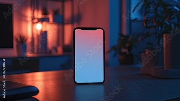 Fototapeta Modern smartphone mockup on desk with gradient screen for advertising