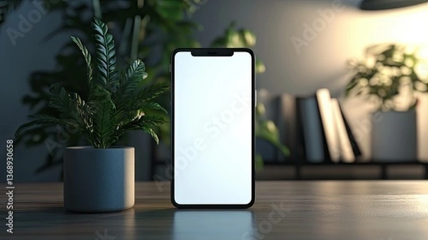 Fototapeta Mobile phone mockup blank screen device on desk with plant and books