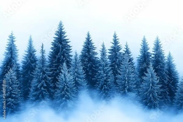 Fototapeta Serene winter landscape featuring a row of snow-covered evergreen trees emerging from a misty fog