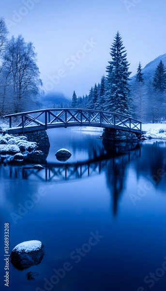 Fototapeta Serene winter scene snow-covered bridge reflecting in still, blue water