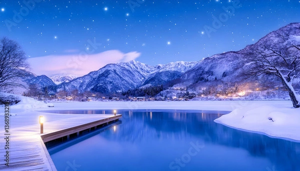 Fototapeta Serene winter night scene snow-covered mountains reflected in a frozen lake, illuminated dock