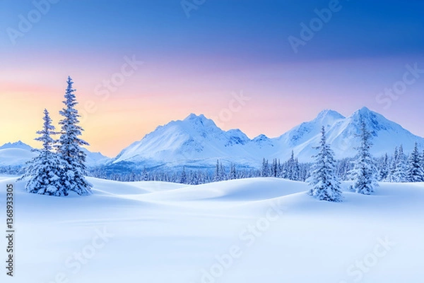 Fototapeta Serene winter sunrise over snow-covered mountain range and pine trees