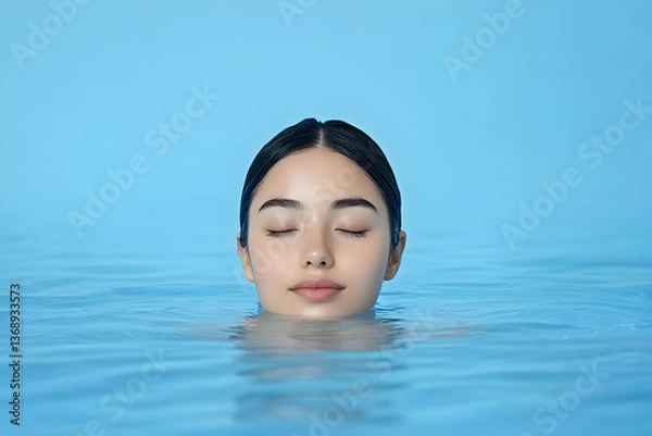 Fototapeta Serene woman's face emerges from calm, blue water; eyes closed, peaceful expression