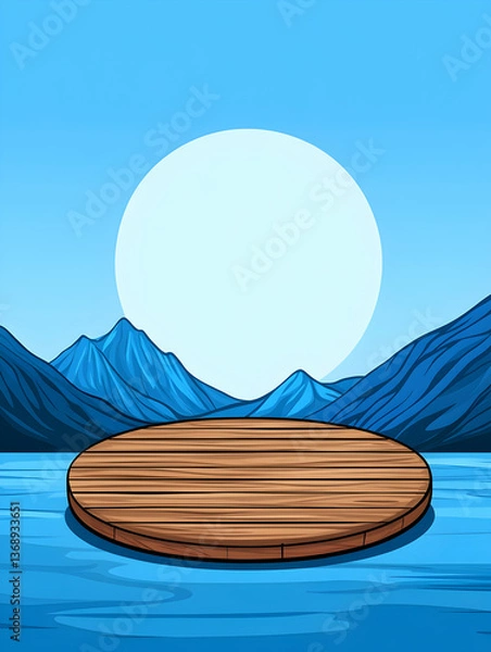 Fototapeta Serene wooden platform on calm water, majestic mountains and full moon backdrop