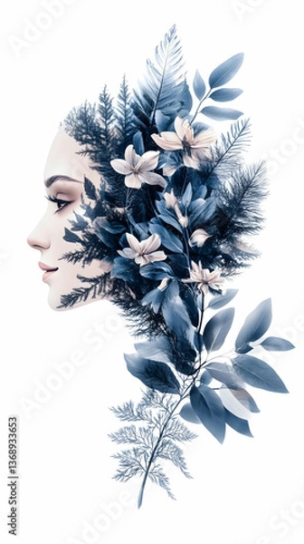 Fototapeta Serene woman's profile interwoven with blue flora