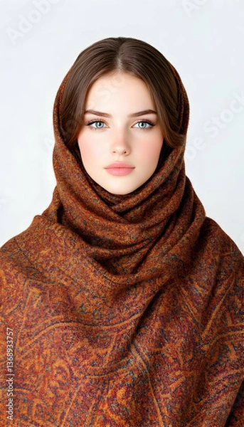 Fototapeta Serene young woman with flawless skin, enveloped in a patterned autumnal shawl against a neutral backdrop
