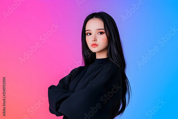 Fototapeta Serene young woman with long black hair, arms crossed, posing against vibrant pink and blue gradient background