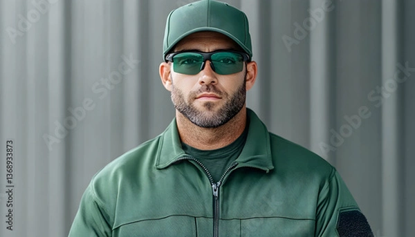 Fototapeta Serious man in green uniform and sunglasses
