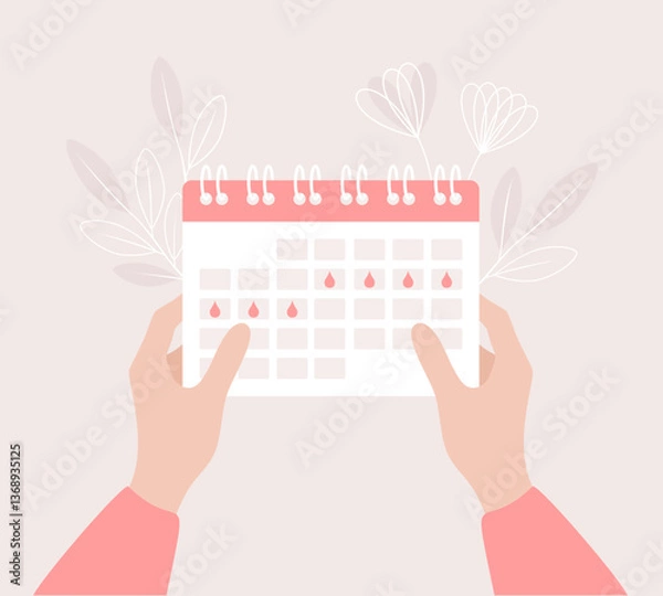 Fototapeta Female hands holding period calendar with marked menstruation days, flat vector illustration