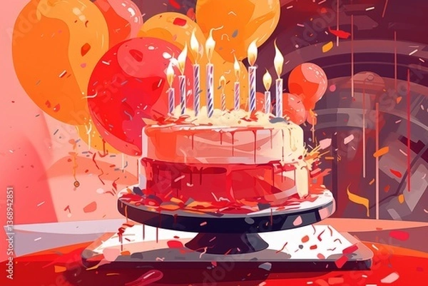 Fototapeta A colourful birthday cake with candles, balloons floating around, and confetti in the air