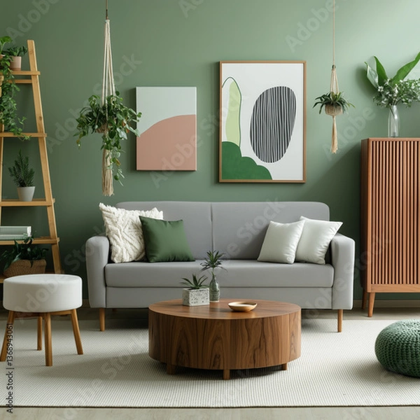 Fototapeta Minimalist interior design of modern livingroom with green walls and wooden elements
