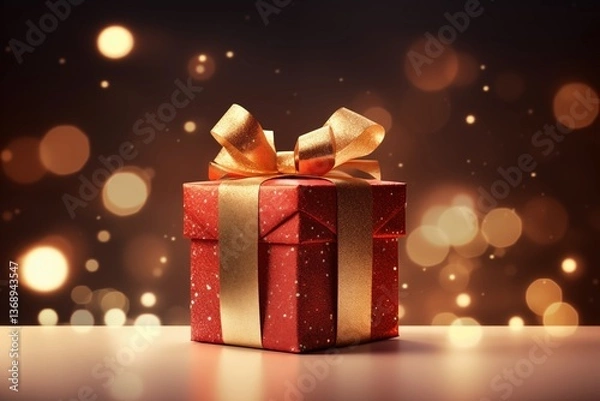 Fototapeta A closeup of a birthday present wrapped in shiny red paper, with a golden bow, set on a background with soft glowing lights 