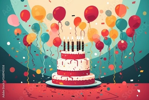 Fototapeta A colourful birthday cake with candles, balloons floating around, and confetti in the air, on a colourful background 