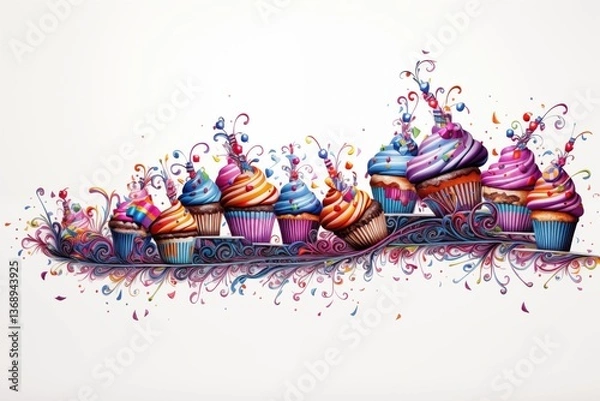 Fototapeta An illustration representing multiple cupcakes with frosting,  all illustrated in colourful and vibrant colours on a white background 
