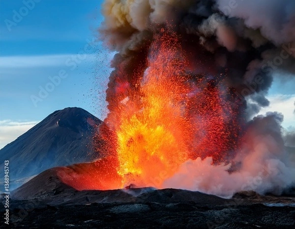 Fototapeta explosion de magma d'un volcan en éruption sur un ciel bleu en ia