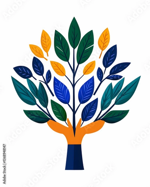 Fototapeta Stylized tree with diverse leaves held by hands, symbolizing growth, diversity, and care