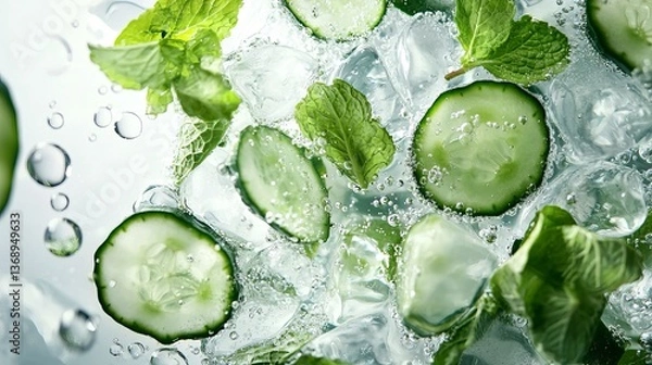 Fototapeta Fresh cucumber slices and mint leaves submerged in ice-cold water with bubbles, creating a refreshing drink vibe.