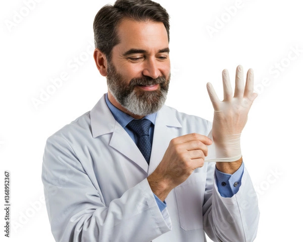 Fototapeta Doctor in Lab Coat Preparing for Work with Microscope on Desk