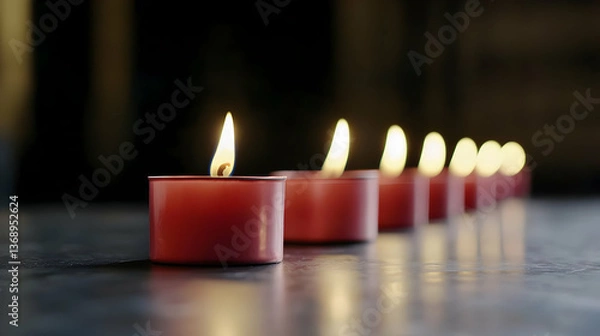 Fototapeta Row Of Pink Tealight Candles With Warm Light