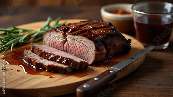 Obraz Succulent Roast Beef Slices with Herbs and Sauce on Wooden Board

