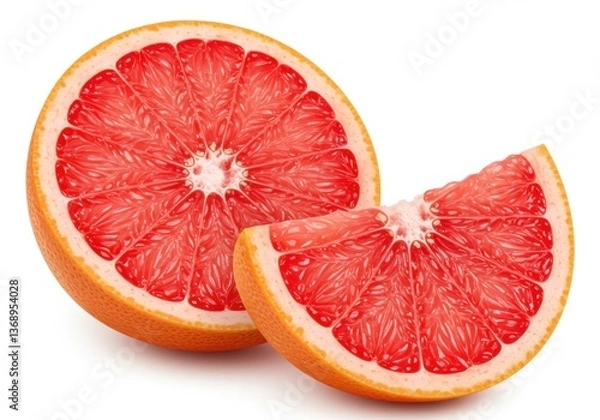 Fototapeta Close up of a sliced grapefruit and a grapefruit wedge on white surface