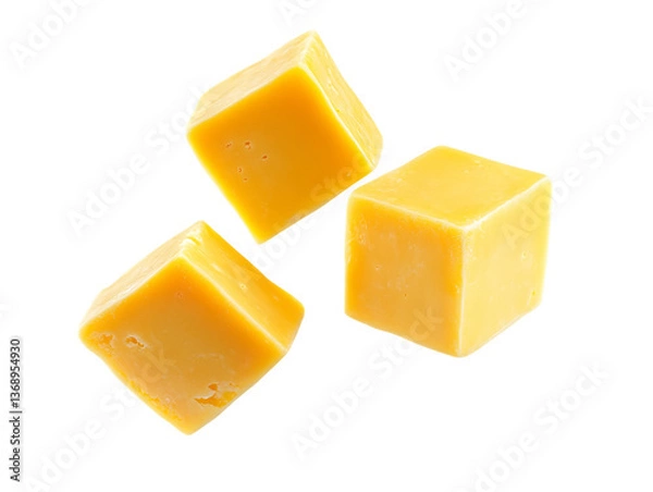 Obraz Three Golden Yellow Cheese Cubes Levitating Against Transparent Background, PNG