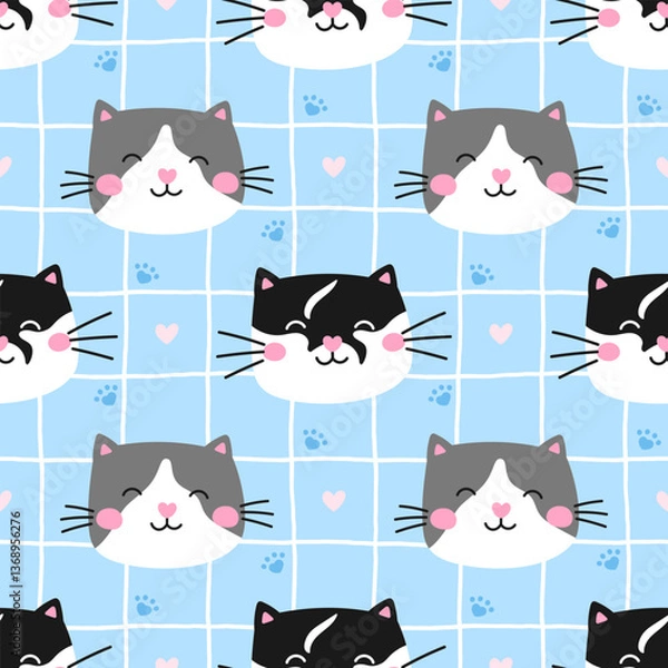 Fototapeta Vector seamless pattern of cat, kittens, paws, and flowers in pastel colors. Great for wallpapers, nursery items, and children fashion accessories