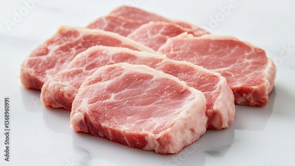 Fototapeta 白背景に美しく並べられた新鮮な豚ロース肉スライス