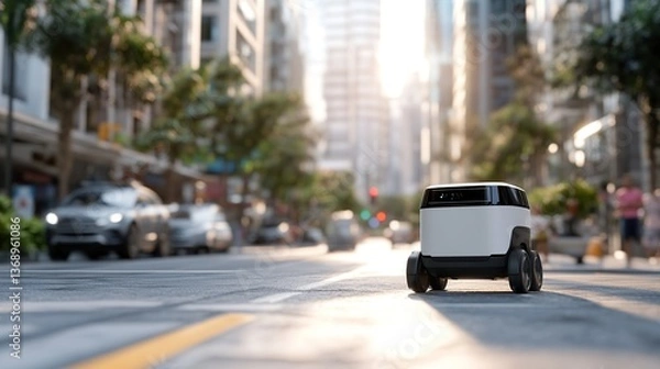 Fototapeta Autonomous delivery robot navigating a busy urban street at sunset
