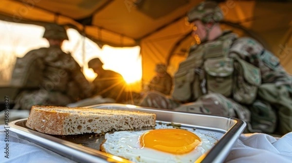 Fototapeta Military Breakfast Scene with Sunlight Streaming Through Tent Opening