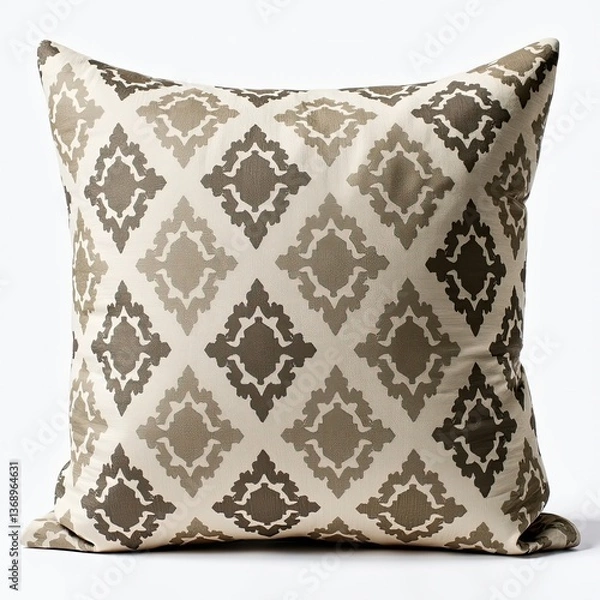 Fototapeta Elegant Decorative Pillow with Brown and White Designs on White Background. A decorative pillow with a brown and white pattern on it.