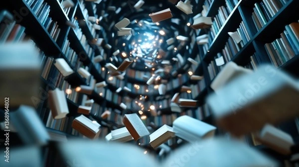 Fototapeta Books swirling in a spiral library, illuminated by a bright light above