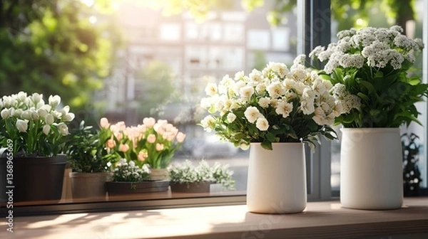 Fototapeta Bright and Lively Flower Pots on a Sunlit Windowsill with Greenery