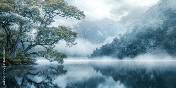 Fototapeta Serene landscape with misty mountains, calm water, and lush trees.
