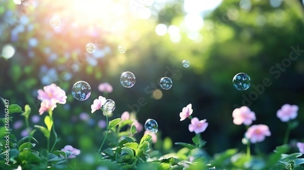 Fototapeta Bubbles Floating Above Colorful Flowers in a Sunlit Garden Setting