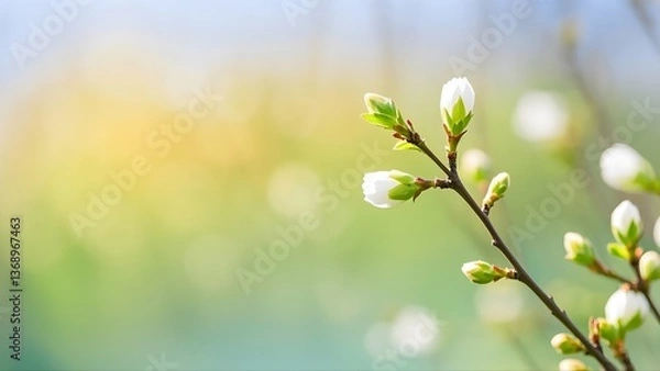 Fototapeta Delicate Flower Buds on Branch - Blurred Bokeh Effect