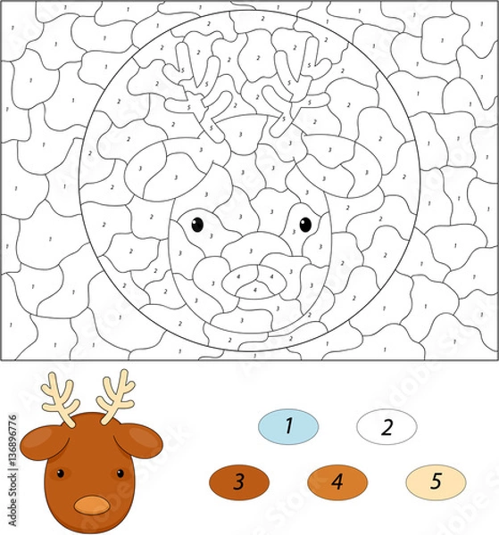 Fototapeta Cartoon reindeer. Color by number educational game for kids