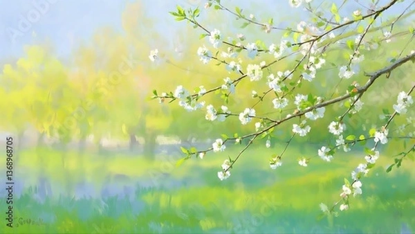 Fototapeta Blurred Green Background with Spring Blossoms - Serene Nature