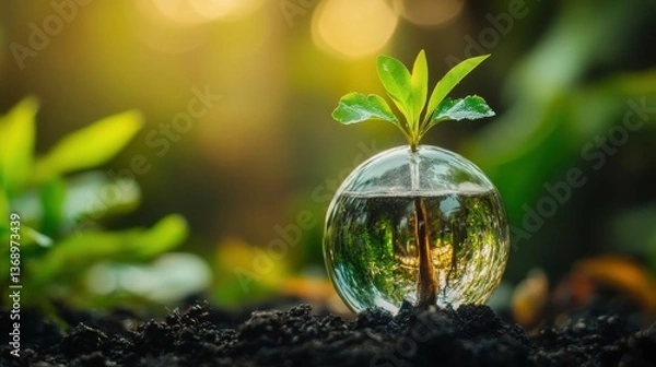 Fototapeta A seedling grows in a glass globe filled with water and placed on dark soil. It symbolizes environmental conservation, new life, and sustainable development.