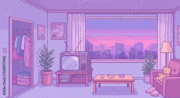 Fototapeta A pixel art illustration of a room with a predominantly purple color palette. The room is furnished with a bed, a closet, a television, a coffee table, and a sofa. 