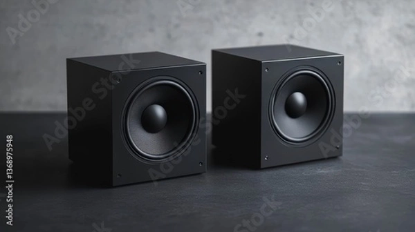 Fototapeta Two black cube subwoofers on a dark surface against a concrete wall.