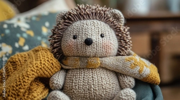Fototapeta Adorable Knitted Hedgehog Toy in Warm Hues