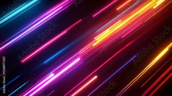 Obraz Abstract background with diagonal vibrant neon light streaks on a black background.