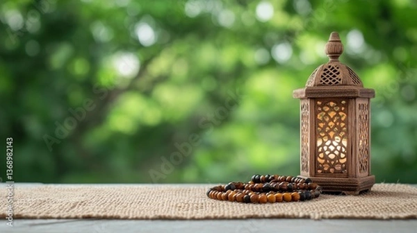 Fototapeta Decorative lantern and beaded bracelet on a rustic table outdoors