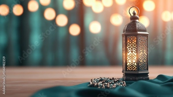 Fototapeta Decorative lantern casting warm light on a cloth surface with bokeh