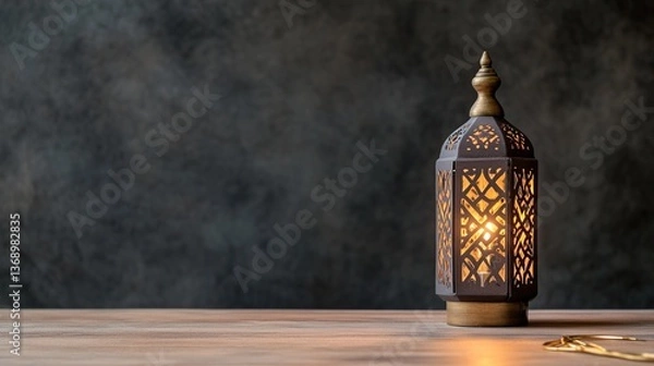 Fototapeta Decorative lantern casting warm light on wooden table against dark backdrop