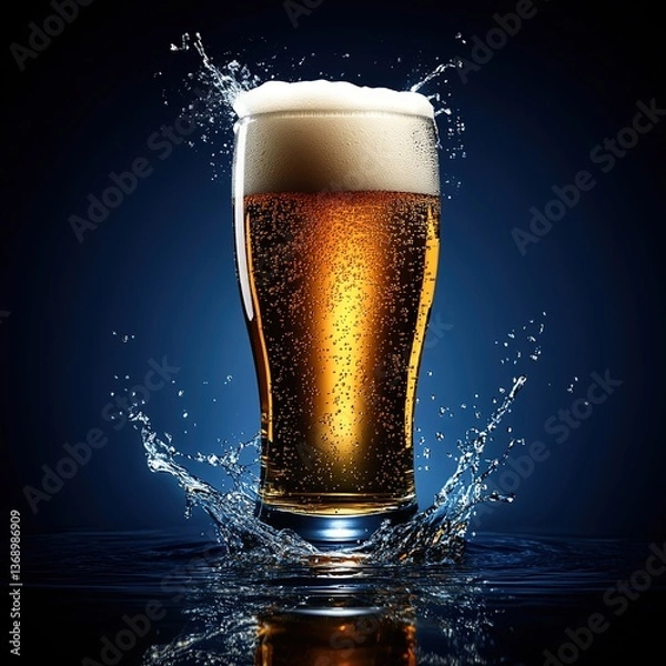 Obraz Cold refreshing beer with foam and condensation in glass and bottle. High quality beer photography for commercials and branding. Frosty pints and golden beer for advertising campaigns