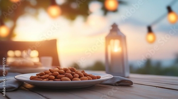Fototapeta Plate of almonds on a rustic table at sunset with glowing lights