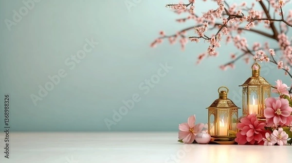 Fototapeta Serene spring decor with lanterns and blossoms on a calm background