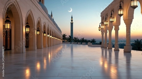 Fototapeta Serene twilight scene of a mosque courtyard with elegant arches and lanterns